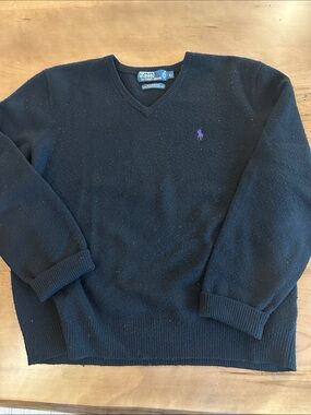 Polo by Ralph Lauren Black V-Neck Sweater with Purple Pony